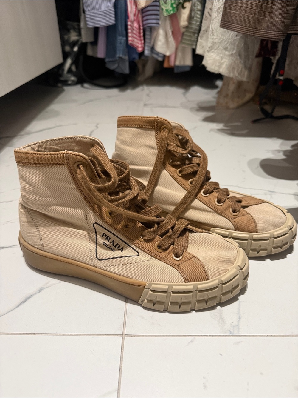 Prada Cream and Tan High-Top Canvas Sneakers